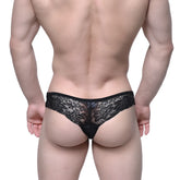 MetroMaleWear Aragon thong black featuring intricate floral lace patterns and a sheer delicate design