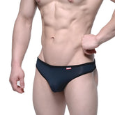Black mesh briefs with a red and white logo on the waistband from MetroMaleWear Aragon Thong Black 1152-20