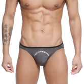 Gray men’s briefs with black trim and metromalewear branding in white from metro male wear arc bikini charcoal 2206-11