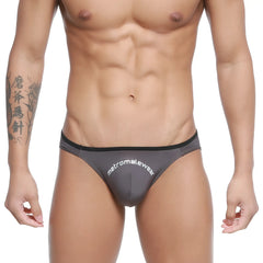 Gray men’s briefs with black trim and metromalewear branding in white from metro male wear arc bikini charcoal 2206-11
