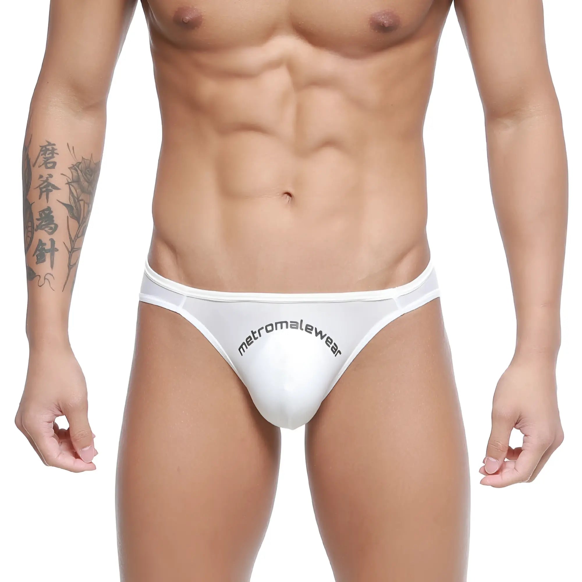 White MetroMaleWear Arc bikini thong with black front branding designed for comfortable everyday wear