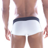MetroMaleWear Arc swim boxer white with navy blue waistband and trim designed for comfortable swimming