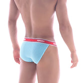 Light blue and white striped men’s briefs with a red MetroMaleWear waistband Asian bikini Arco 3004-49 model