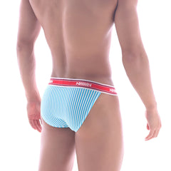 Light blue and white striped men’s briefs with a red MetroMaleWear waistband Asian bikini Arco 3004-49 model