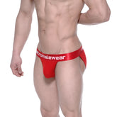 Red men’s briefs with satin-like waistband featuring metromalewear branding in crimson metroMalewear asian bikini 3004-13