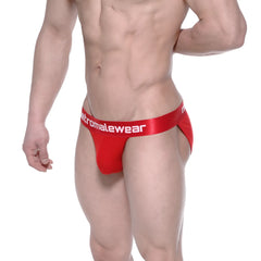 Red men’s briefs with satin-like waistband featuring metromalewear branding in crimson metroMalewear asian bikini 3004-13