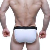 White briefs with black elastic waistband and subtle branding from metromalewear asian bikini cristalino 3004-70