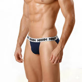 Navy blue briefs with white elastic waistband featuring black repeating text from MetroMaleWear Asian Bikini 3004-28