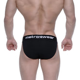 Black men’s briefs with white metrowear logo on waistband from metro male wear asian bikini intense 3004-21