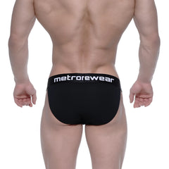 Black men’s briefs with white metrowear logo on waistband from metro male wear asian bikini intense 3004-21
