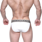 White briefs with a glittery silver chain-link waistband from metromalewear asian bikini metal white 3004-m00 collection