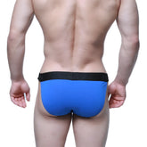 Blue MetroMaleWear Asian bikini briefs with a black elastic waistband featuring the brand logo