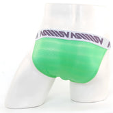 Bright green ribbed mesh briefs with white waistband and purple nation lettering from MetroMaleWear Asian bikini sunny green 3004-M17