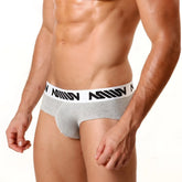 Gray heathered MetroMaleWear Asian briefs with white elastic waistband featuring black repeating lettering