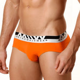 Bright orange MetroMaleWear Asian briefs with a white and black elastic waistband featuring the logo