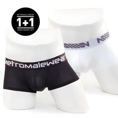 Black and white metromalewear asian short boxer set on mannequins made of soft breathable fabric for everyday wear