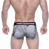 Black and gray denim-patterned boxer briefs with black waistband featuring metrorewear logo metro male wear 2026-55