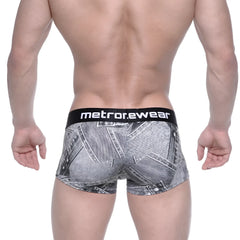 Black and gray denim-patterned boxer briefs with black waistband featuring metrorewear logo metro male wear 2026-55