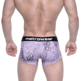 Purple denim-patterned metro male wear boxer briefs with black waistband and metrewear branding