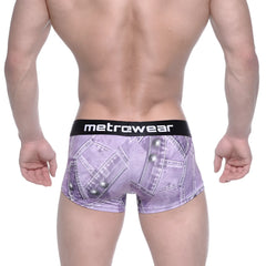 Purple denim-patterned metro male wear boxer briefs with black waistband and metrewear branding