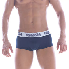 Metro male wear asian short boxer navy briefs with white elastic waistband and gray logo pattern