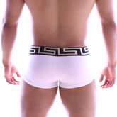 White briefs with black and gold Greek key patterned waistband from MetroMaleWear Asian Short Boxer 2026-00 collection