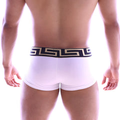 White briefs with black and gold Greek key patterned waistband from MetroMaleWear Asian Short Boxer 2026-00 collection