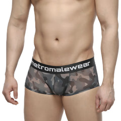 MetroMaleWear Asian trunk camo 2026-93 black and gray mesh briefs with black waistband and white logo