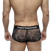Black and gray camouflage mesh briefs with black waistband featuring metrowear logo metroMaleWear Asian Trunk Camo 2026-93