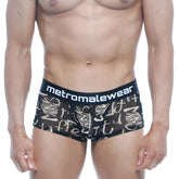 Black mesh briefs with white graffiti print and metromalewear waistband from the metromalewear asian trunk oraculo 2026-03