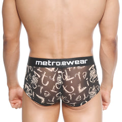 Black mesh briefs with white graffiti lettering and black waistband featuring metroewear logo metro malewear asian trunk