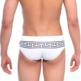 White swim brief with bold black Greek key pattern waistband from MetroMaleWear Athen Swim Brief Black 4914-44