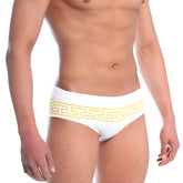 White swim trunks with yellow greek key pattern waistband from MetroMaleWear Athen Swim Brief gold 4914-45