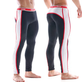 Black and white snug fit athletic leggings with red trim and ashny brand waistband from MetroMaleWear 2053-20