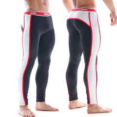 Black and white snug fit athletic leggings with red trim and ashny brand waistband from MetroMaleWear 2053-20