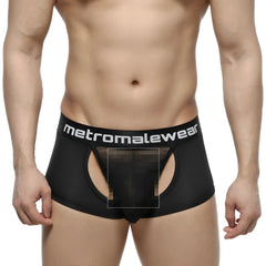 Black metromalewear atope trunk briefs with wide elastic waistband and cutout design for comfortable support