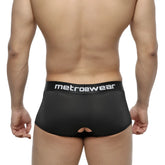 Black metro male wear atope trunk men’s briefs with white logo band and back cutout shown from the back side
