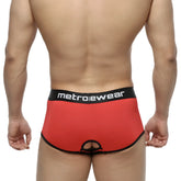 Red metrowear briefs with black trim and a central cutout from metro malewear atope trunk 7023-12 collection