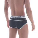 MetroMaleWear Atrevido black mesh briefs with white trim and gray logo band for stylish comfortable wear