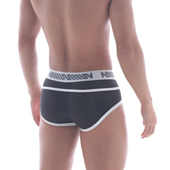 MetroMaleWear Atrevido black mesh briefs with white trim and gray logo band for stylish comfortable wear