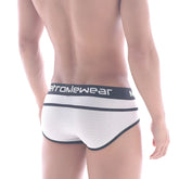 MetroMalewear atrevido white mesh briefs with black trim and navy waistband featuring the metrowear logo