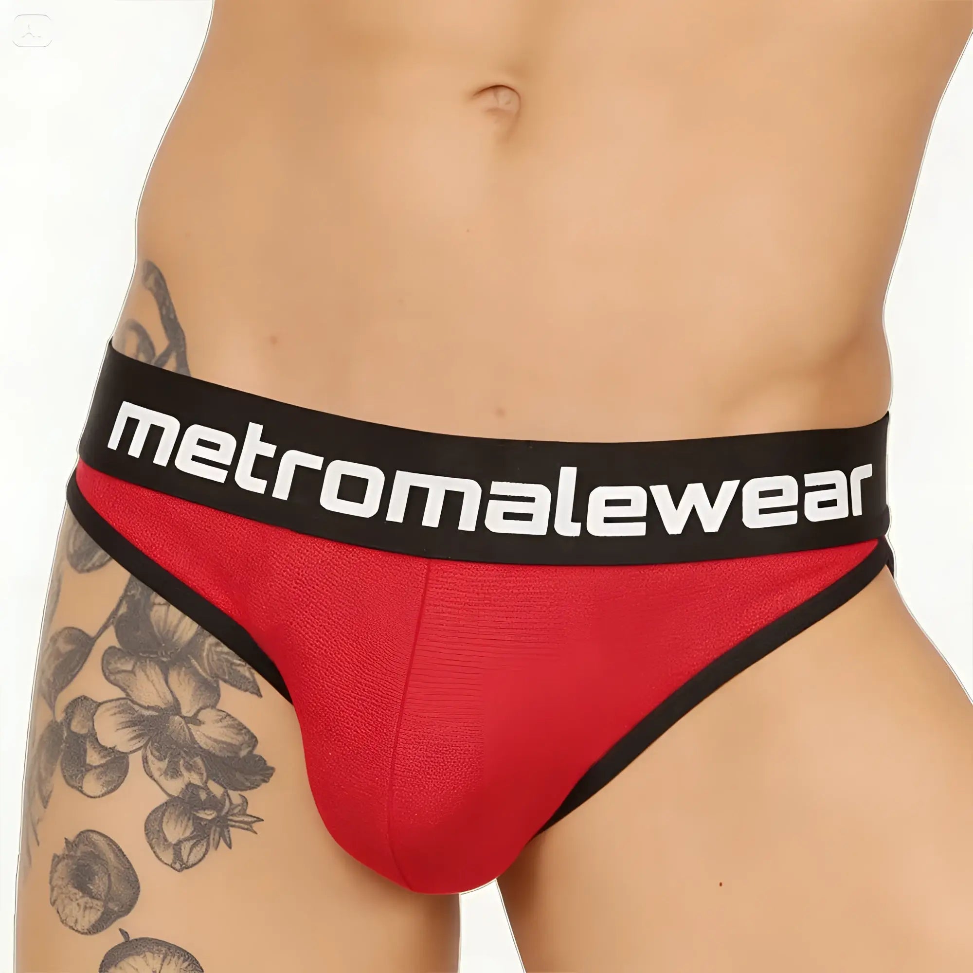 Red and black metromalewear audace bikini briefs with textured fabric finish front view