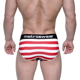 Men’s briefs with red and white stripes and a black metroewear waistband from MetroMaleWear Avengers Hip Brief 5003-93