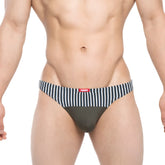 MetroMaleWear Awesome bikini briefs with navy and white striped waistband red brand tag and dark gray fabric front