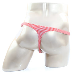 Pink and white striped stretchy fabric thong by metromalewear shown from the front in product awesome thong orange 2302-s02