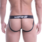 Black meheear brand briefs with white lettering on waistband shown from the back in metro malewear bandal jock strap white 2901-32