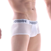White mesh metro malewear bar short boxer briefs with gray logo band 7 inch length breathable material