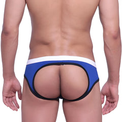Metro male wear bare lowrise jock strap in blue and white thong style with black trim visible from the back side