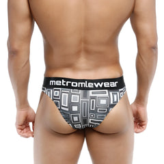 Black and gray geometric patterned metro male wear Basalto half back bikini briefs with black waistband and brand name