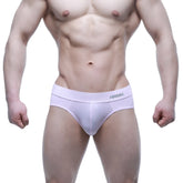 White mens briefs in pink with a subtle elastic waistband featuring the milton brand logo basic brief style